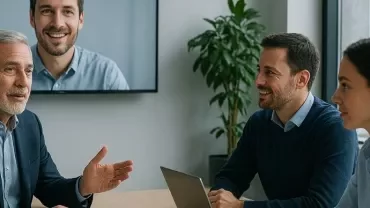 Manager conversando con su equipo en un entorno híbrido, combinando presencialidad y trabajo remoto, con un enfoque humano y colaborativo.