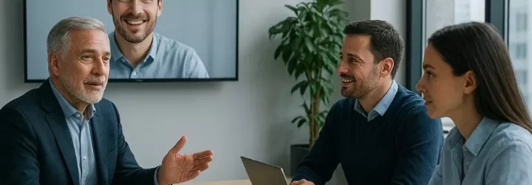 Manager conversando con su equipo en un entorno híbrido, combinando presencialidad y trabajo remoto, con un enfoque humano y colaborativo.